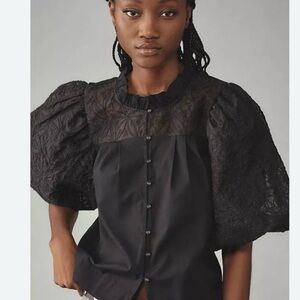 Maeve puff sleeve embellished button front blouse